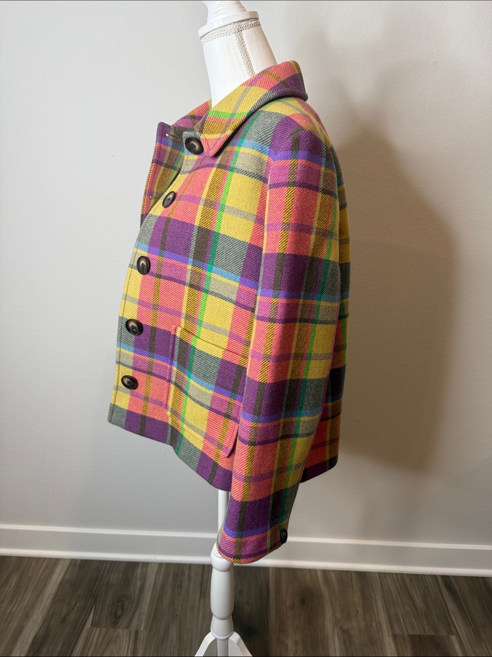 Boden Multi-Color Plaid Button Front Jacket Wool Made In Italy Size 16 - Picture 6 of 13